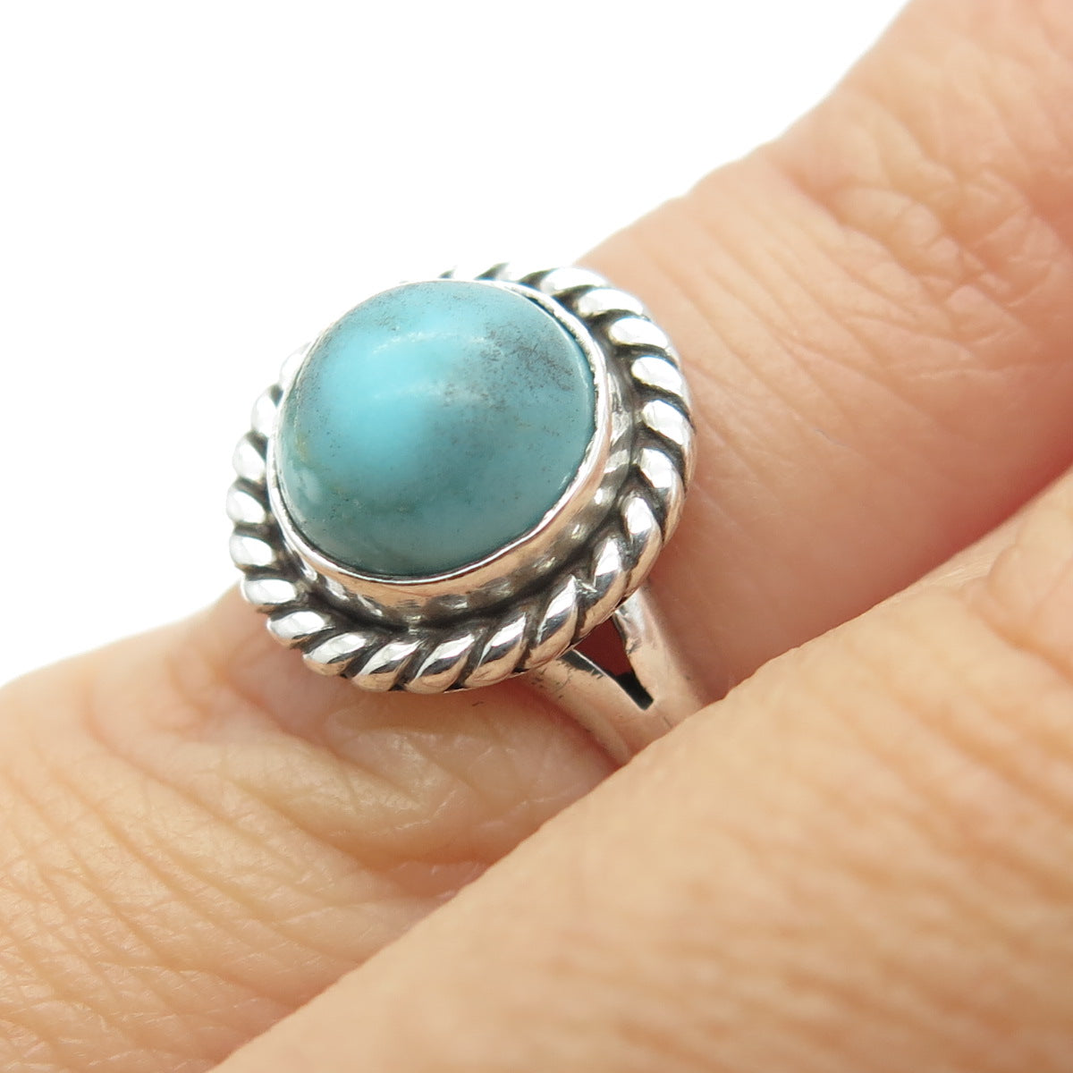 925 Sterling Silver Vintage Mexico Real Turquoise Roped Pinky Ring Size 2