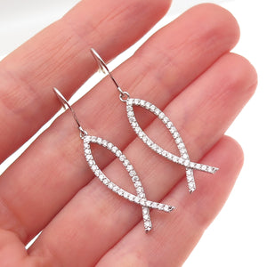 925 Sterling Silver Round-Cut C Z Pisces Zodiac Sign Dangle Earrings