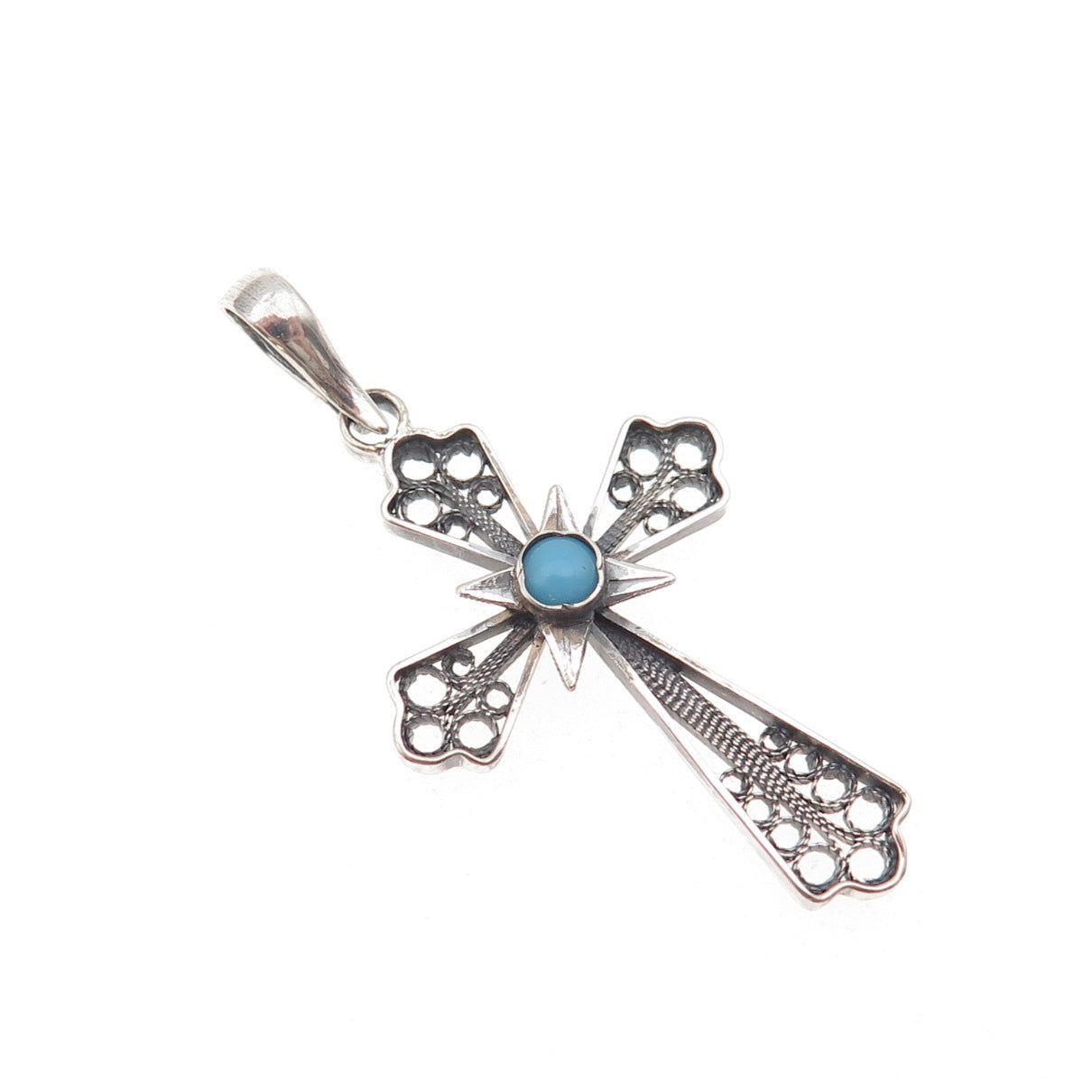 925 Sterling Silver Antique Art Deco Faux Pearl Cross Filigree Charm Pendant