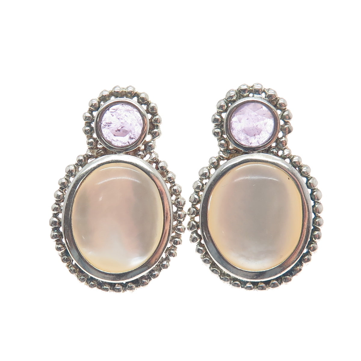 WHITNEY KELLY 925 Sterling Silver Vintage Real MOP & Amethyst Modernist Earrings