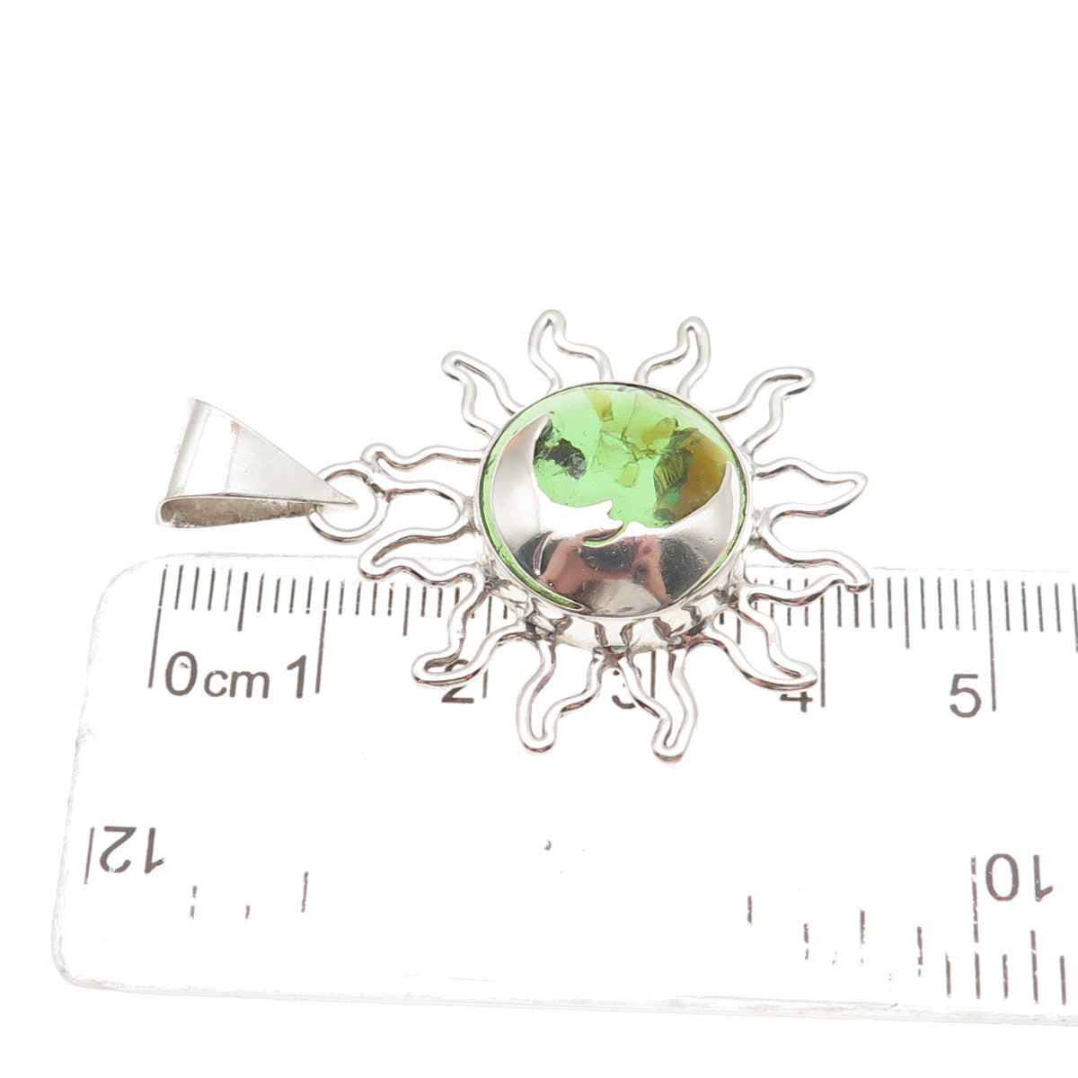 925 Sterling Silver Vintage Mexico Real Green Amber Eclipse Charm Pendant
