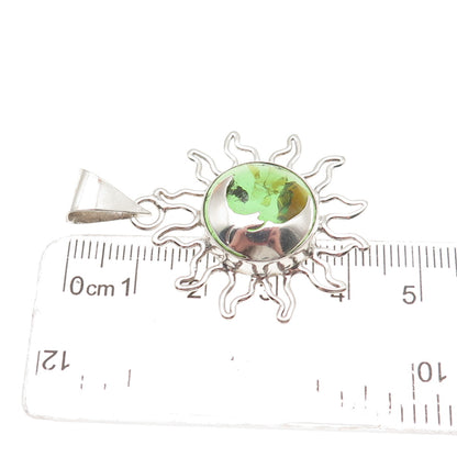 925 Sterling Silver Vintage Mexico Real Green Amber Eclipse Charm Pendant