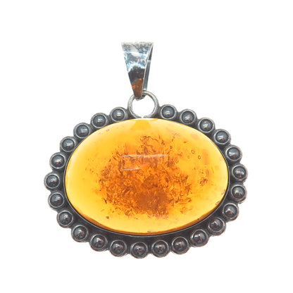 925 Sterling Silver Vintage Mexico Real Amber Beaded Oxidized Pendant