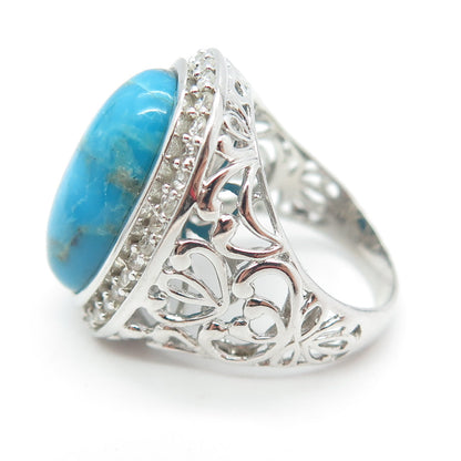 925 Sterling Silver Real Turquoise & White Topaz Ornate Ring Size 6.25