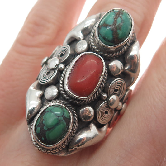 925 Sterling Silver Vintage Real Peacock Turquoise & Coral Ring Size 7.25