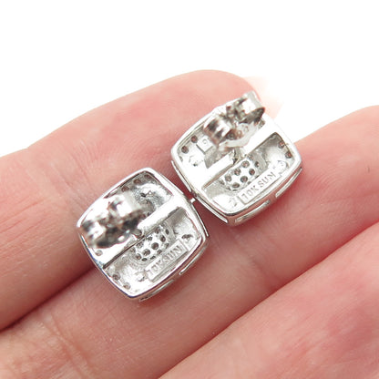 SUN 925 Sterling Silver & 10K Gold Real Round-Cut Diamond Cushion Stud Earrings