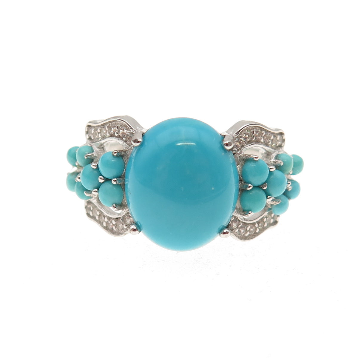 925 Sterling Silver Real Sleeping Beauty Turquoise & White Topaz Ring Size 8