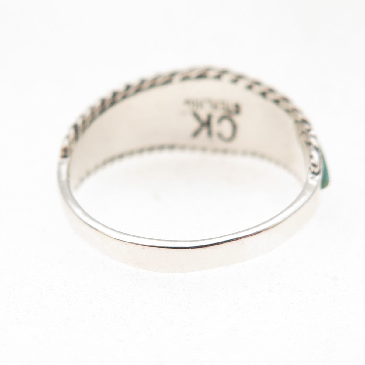 925 Sterling Silver Vintage Real Turquoise Zig Zag Oxidized Ring Size 8.25
