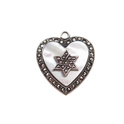 925 Sterling Antique Art Deco Real MOP & Marcasite Star of David Heart Pendant