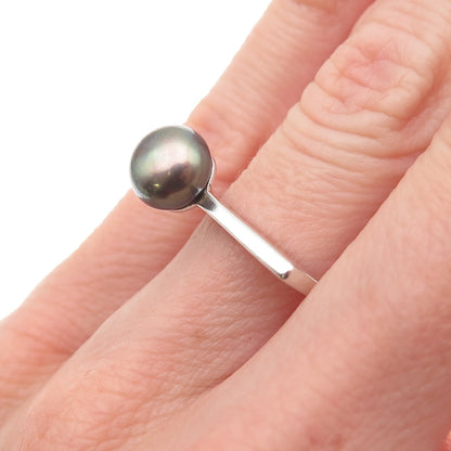 Shube 925 Sterling Silver Vintage Real Tahitian Pearl Modernist Ring Size 4.75