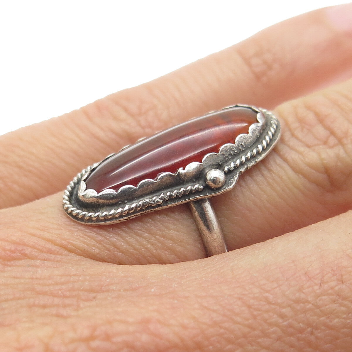 REX ABEITA Navajo 925 Sterling Silver Vintage Carnelian Gem Tribal Ring Size 4.5