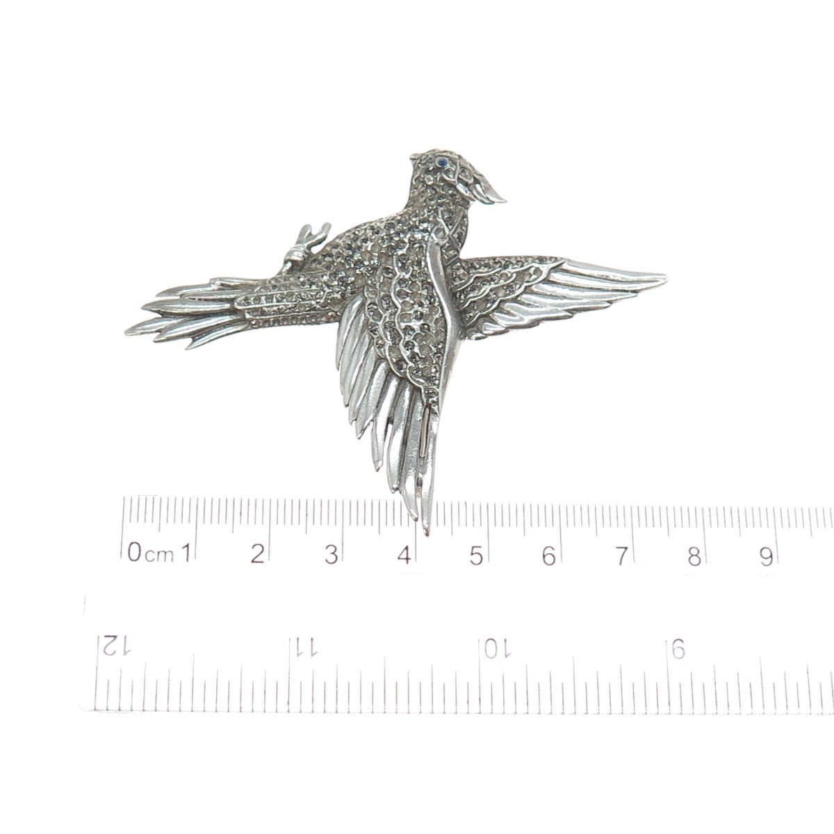925 Sterling Silver Antique Marcasite & Rhinestone Bird Brooch (missing stones)