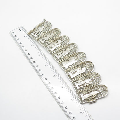 925 Sterling Silver Vintage Egyptian Storyteller Heavy Panel Link Bracelet 6.75"