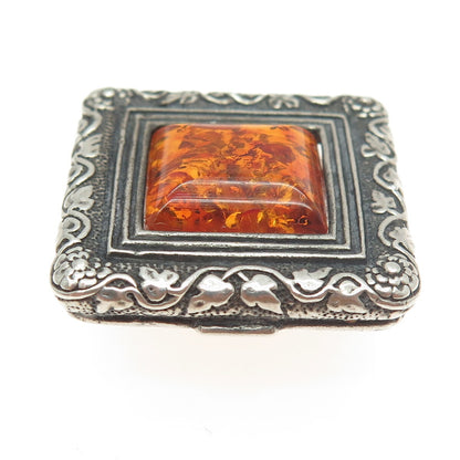 N. GAITARA 925 Sterling Silver Vintage Amber Floral Frame Pin Brooch