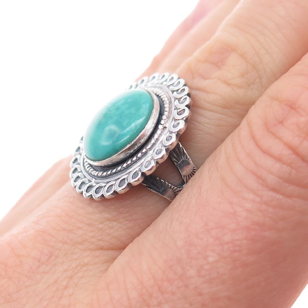 Old Pawn 925 Sterling Silver Vintage Kingman Turquoise Oxidized Ring Size 7.25