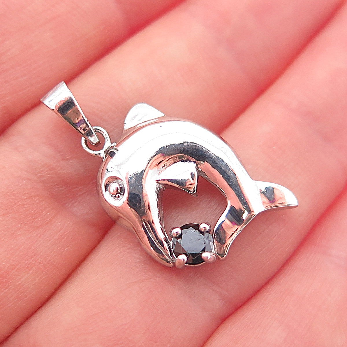 925 Sterling Silver Real Round-Cut Black Spinel Dolphin Charm Pendant