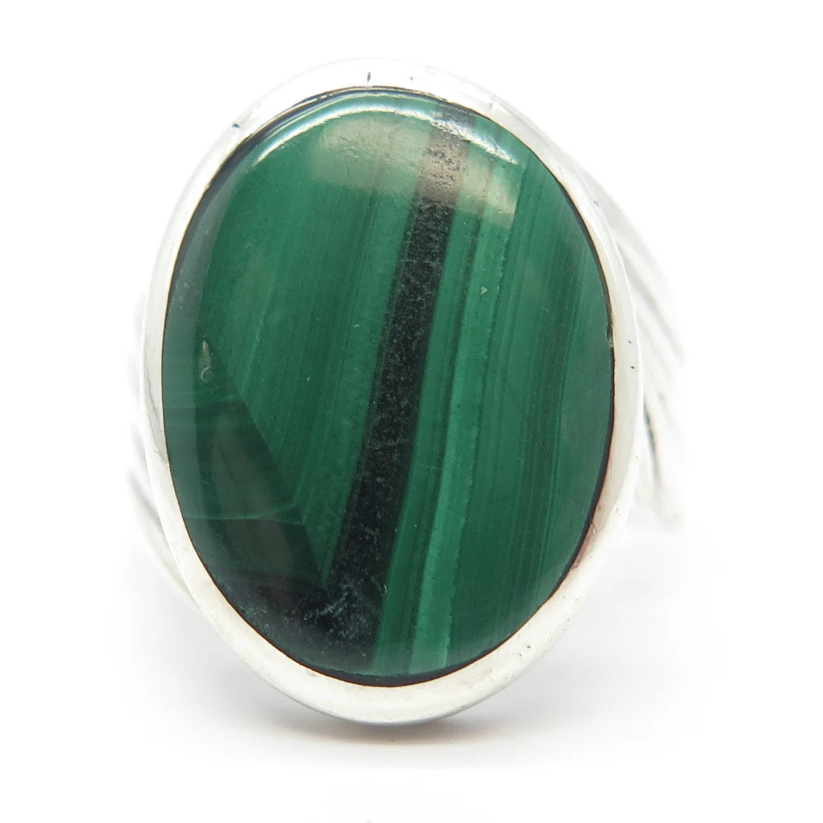 925 Sterling Silver Vintage Real Malachite Gemstone Ribbed Oval Ring Size 7.75