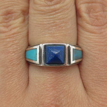 925 Sterling Silver Vintage Real Turquoise & Lapis Lazuli Ring Size 8.25