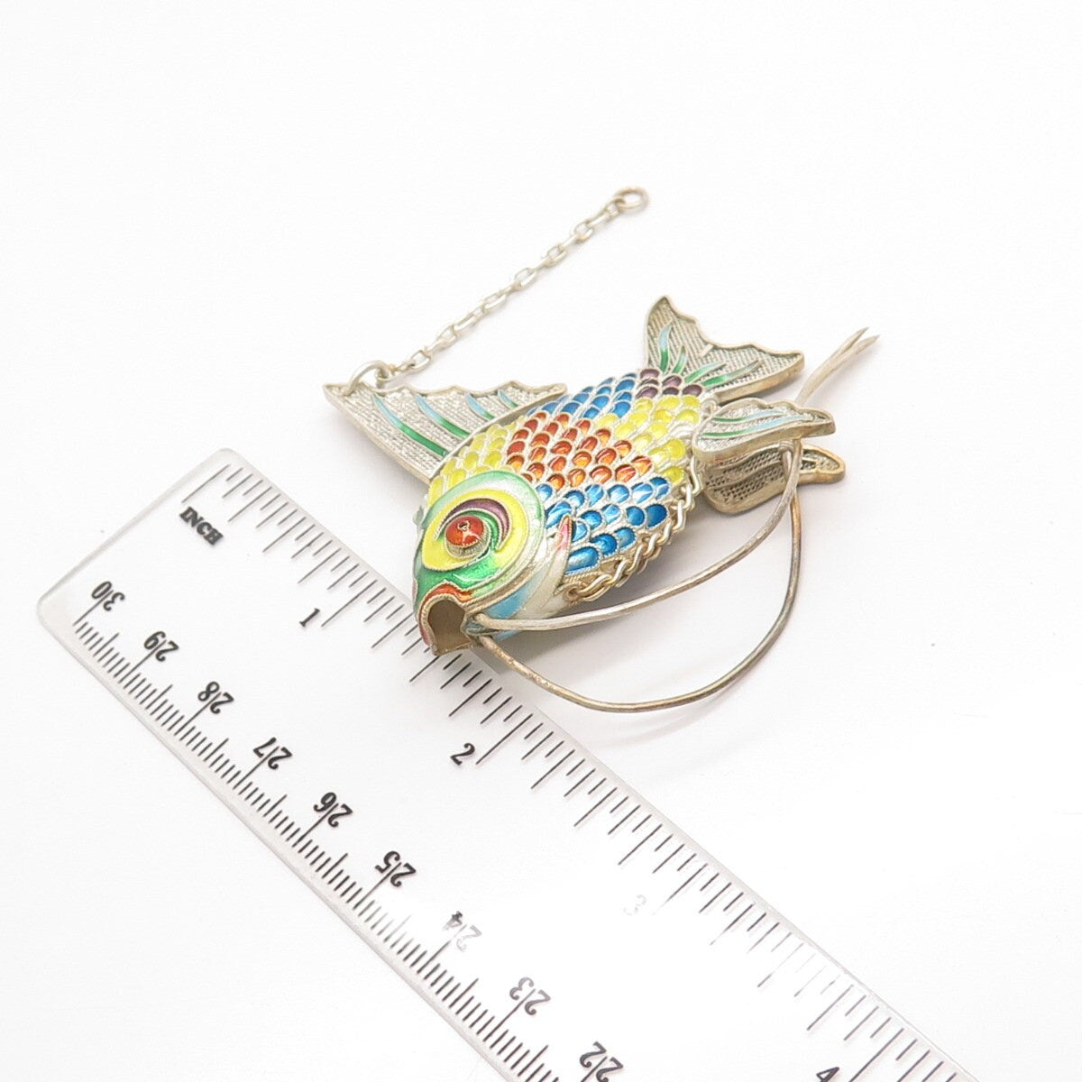 925 Sterling Silver Enamel Antique Chinese Koi Fish Articulated Chatelaine Fob