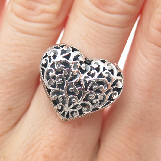 925 Sterling Silver Vintage Floral Scroll Heart Oxidized Ring Size 7