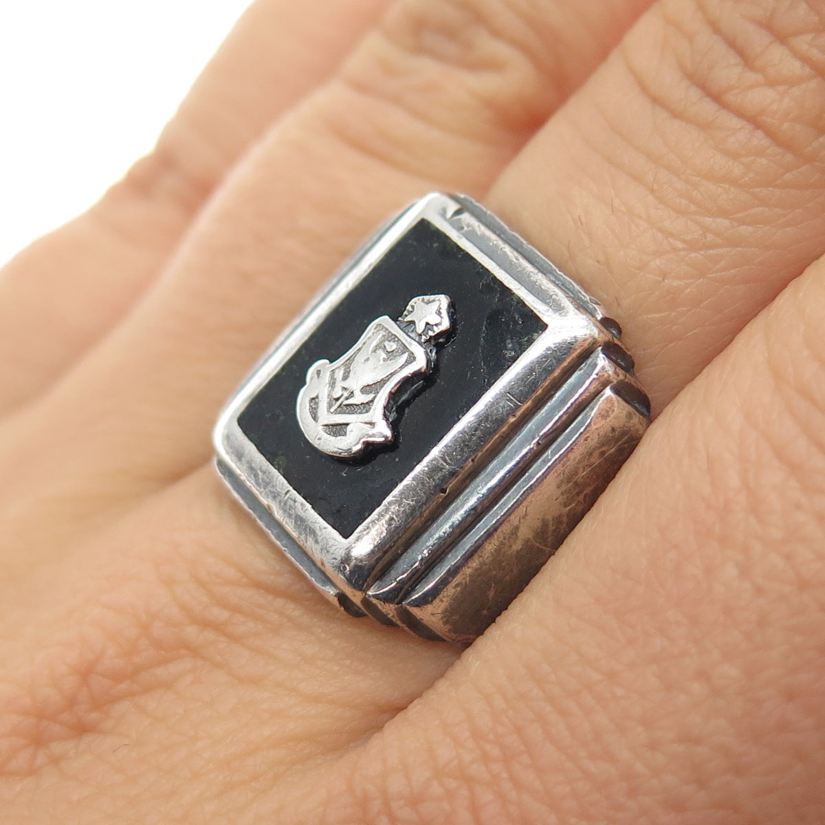 BATES & KLINKE 925 Sterling Silver Antique Black Onyx Boy Scouts Ring Size 9.25