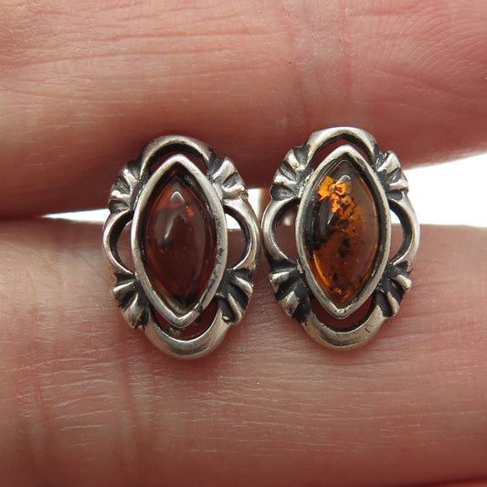 925 Sterling Silver Vintage Real Amber Modernist Oxidized Earrings