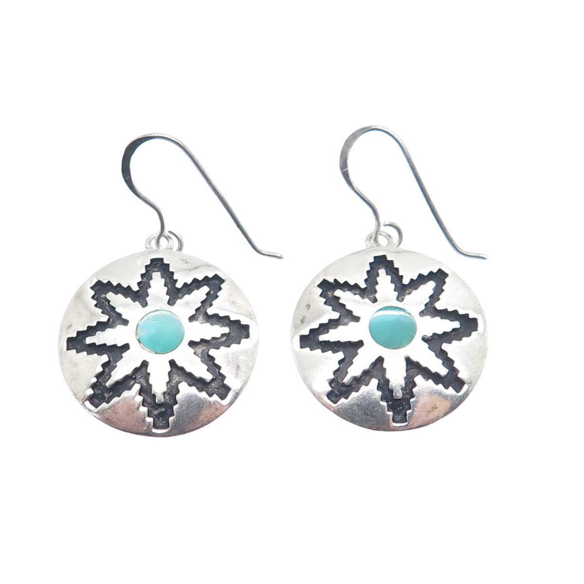 TEME SUNBURST Old Pawn Sterling Silver Vintage 1968 Turquoise Flower Earrings
