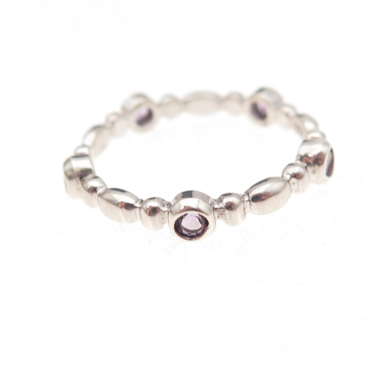 925 Sterling Silver Real Round-Cut Amethyst Station Band Ring Size 7