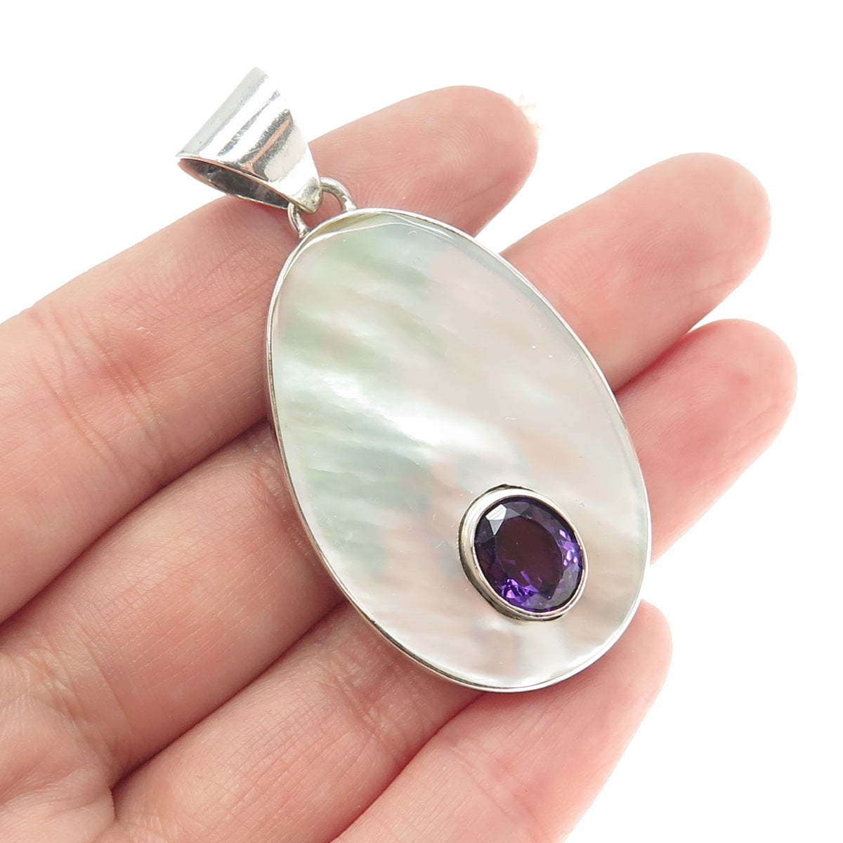 925 Sterling Silver Vintage Real Amethyst & MOP Oval Pendant