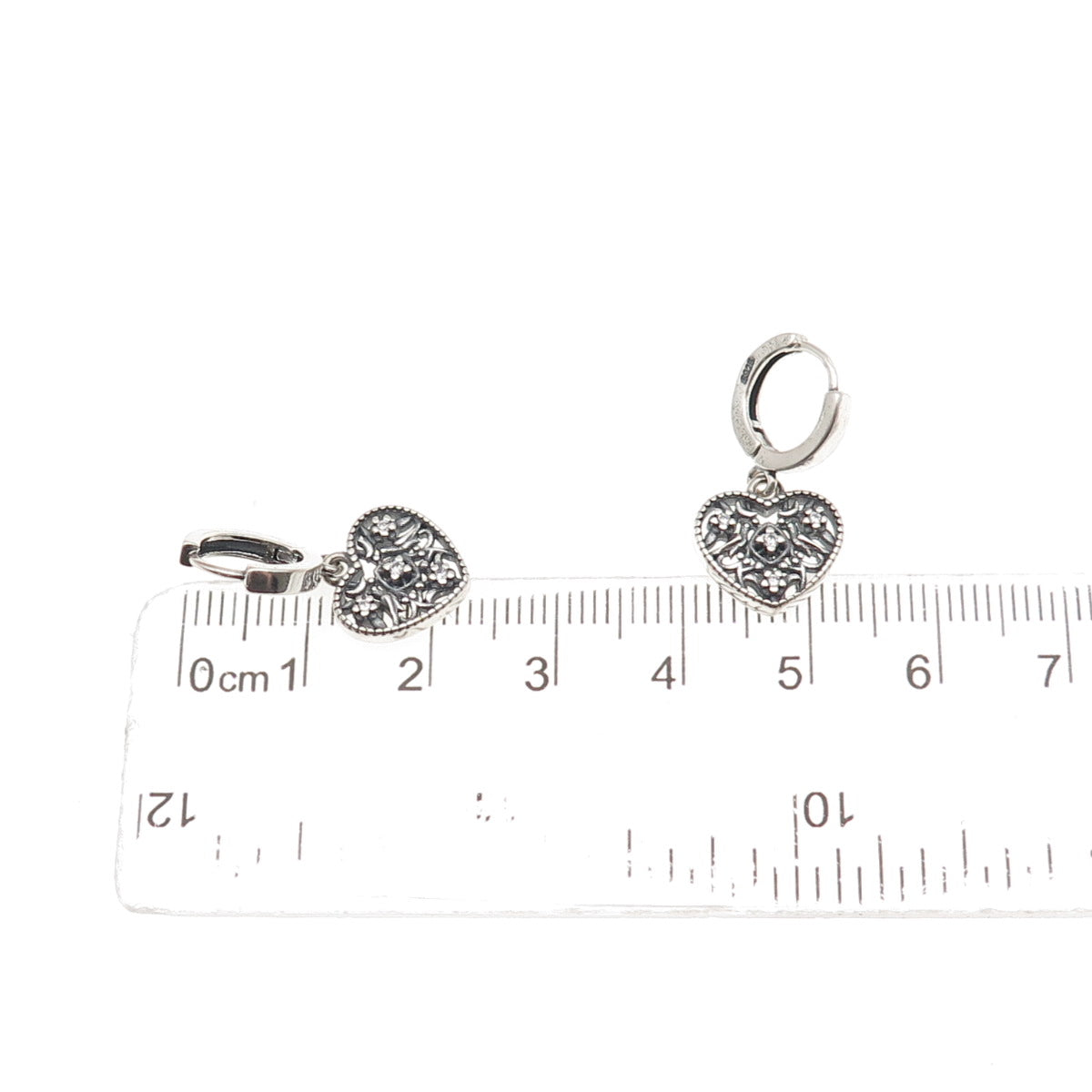 925 Sterling Silver Round-Cut C Z Oxidized Heart Dangle Charm Hoop Earrings