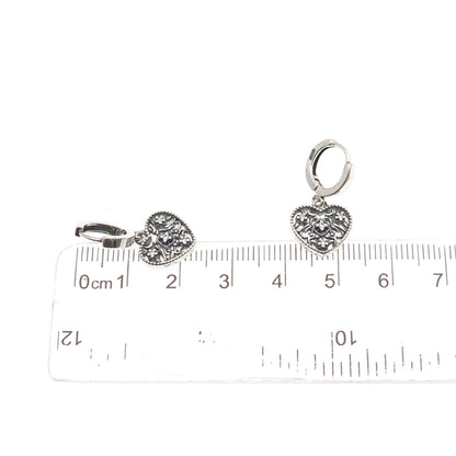 925 Sterling Silver Round-Cut C Z Oxidized Heart Dangle Charm Hoop Earrings