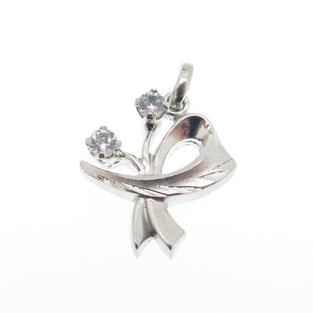 925 Sterling Silver Antique Art Deco Real White Topaz Bow Minimalist Pendant