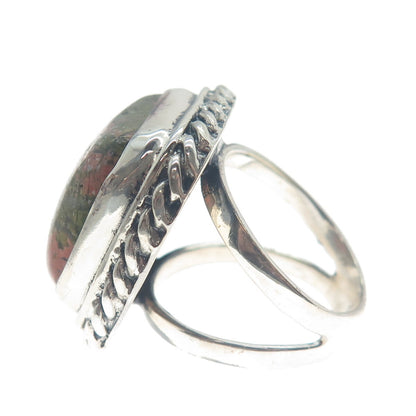 925 Sterling Silver Vintage Real Cushion-Cut Unakite Roped Ring Size 8.25