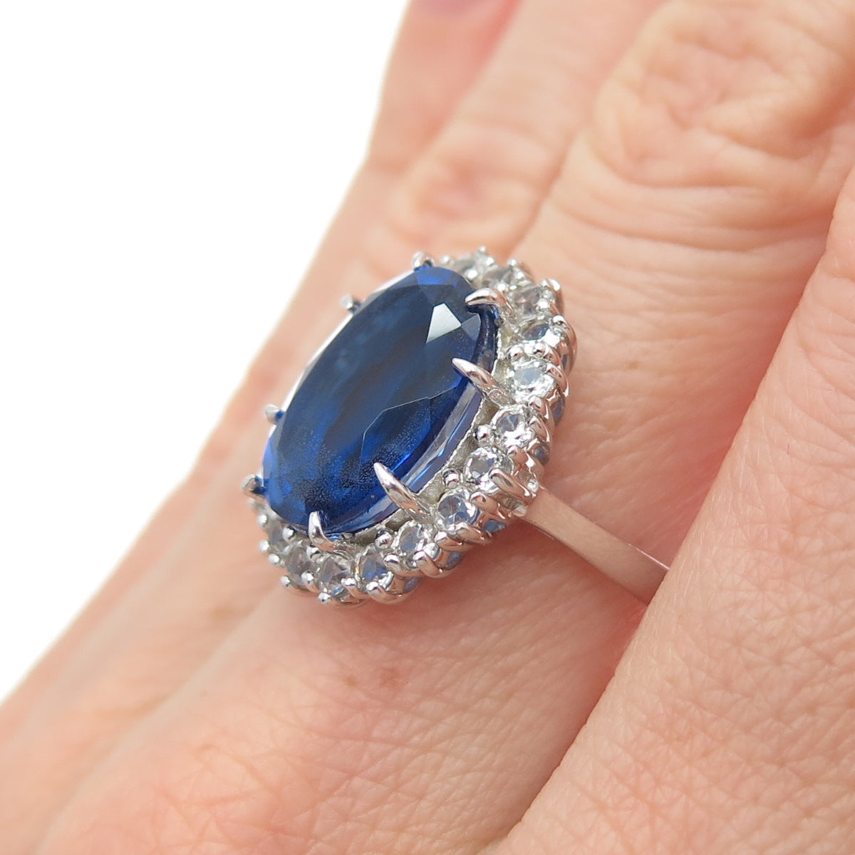 925 Sterling Silver Real White Topaz & Blue C Z Royal Dreams Ring Size 7.25