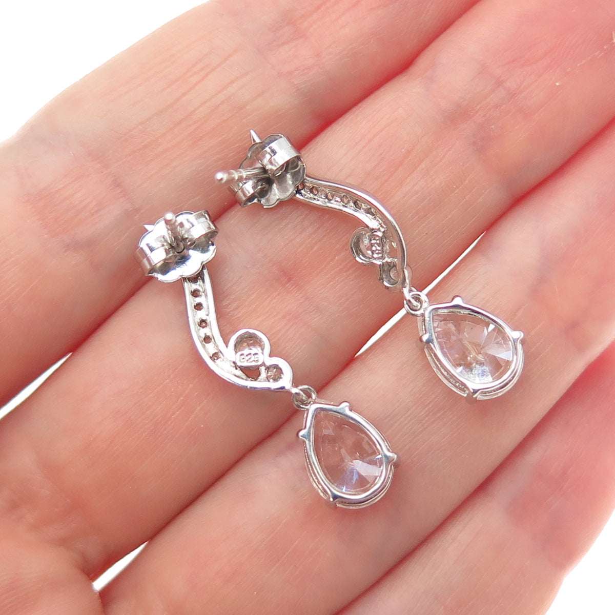 925 Sterling Silver Pear & Round-Cut C Z Dangle Earrings