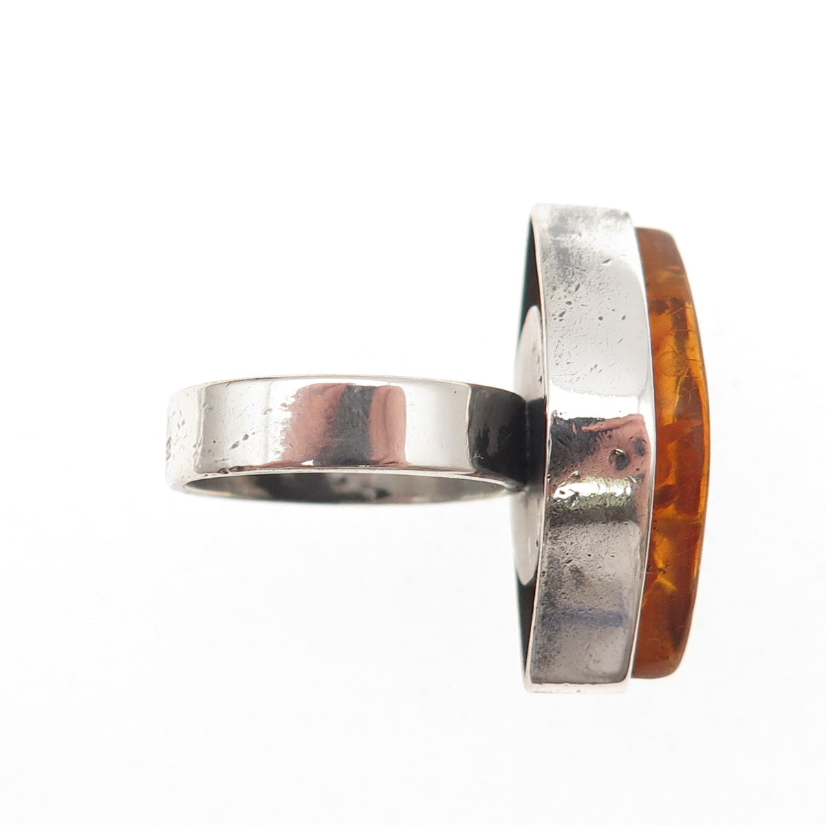 925 Sterling Silver Vintage Real Amber Modernist Oxidized Ring Size 6.75
