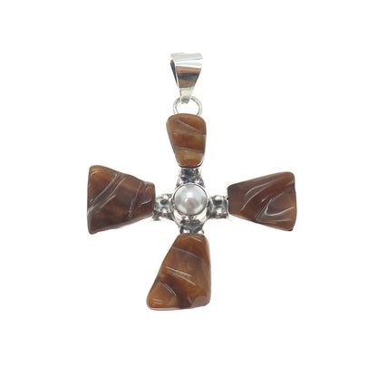 925 Sterling Vintage HOB Mexico Real Pearl & Faux Amber Modernist Cross Pendant