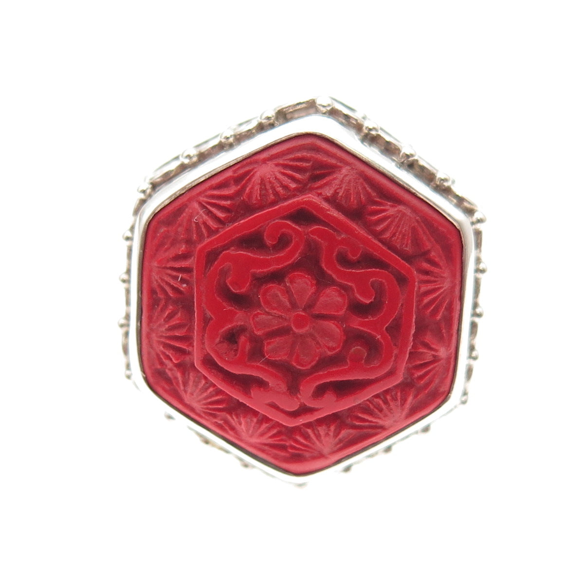 SAJEN 925 Sterling Silver Vintage Carved Red Cinnabar Adjustable Ring Size 10