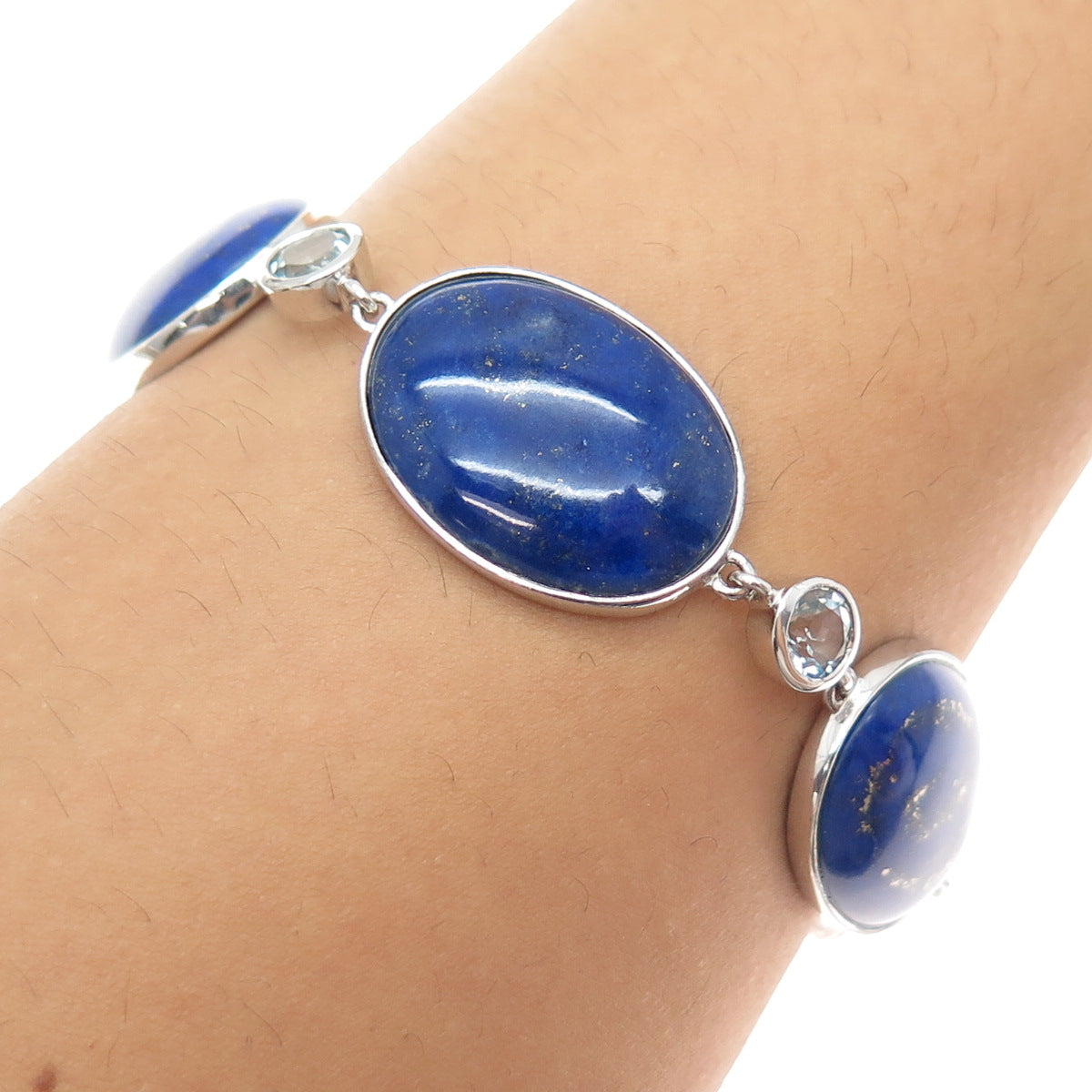 925 Sterling Silver Vintage J&T Real Lapis Lazuli Station Link Bracelet 6.5-7"