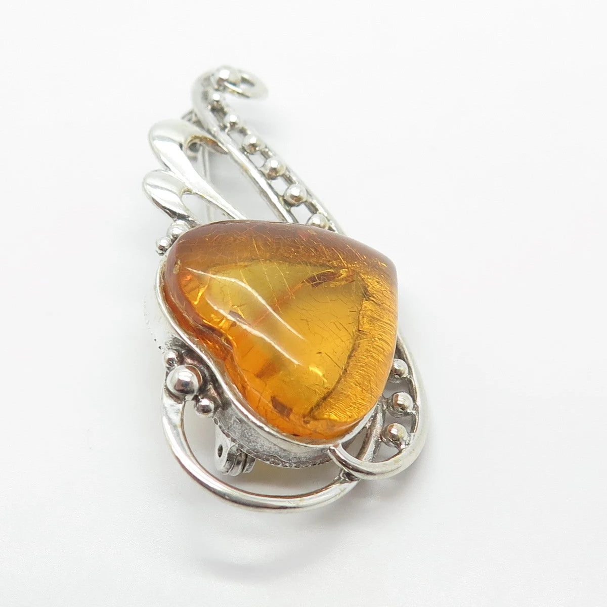 925 Sterling Silver Vintage Real Amber Beaded Heart Pin Brooch
