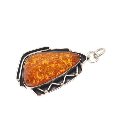 925 Sterling Silver Vintage Real Amber Modernist Oxidized Pendant