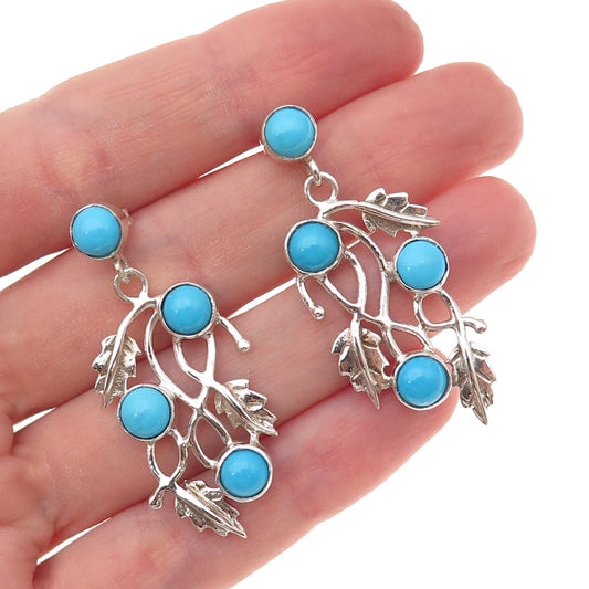 925 Sterling Vintage Real Sleeping Beauty Turquoise Floral Leaf Dangle Earrings