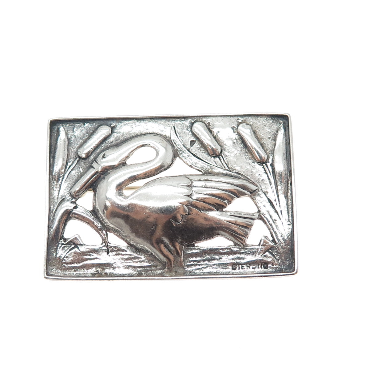 925 Sterling Silver Vintage Swan Bird Oxidized Pin Brooch