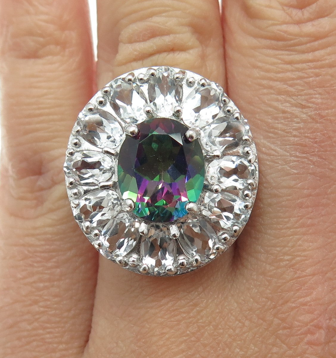 925 Sterling Silver Real Oval-Cut Mystic & White Topaz Ring Size 6.25