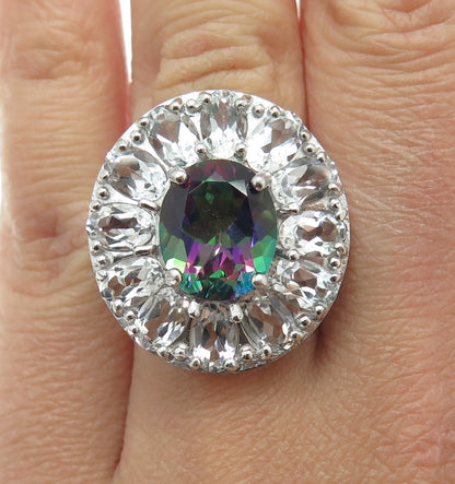 925 Sterling Silver Real Oval-Cut Mystic & White Topaz Ring Size 6.25