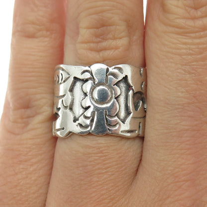 925 Sterling Silver Vintage Mexico Tribal Symbol Wide Band Ring Size 7