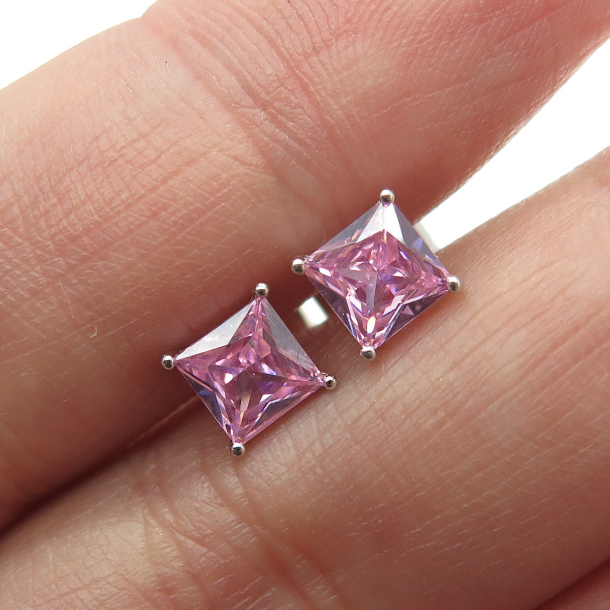 925 Sterling Silver Princess-Cut Shaped Pink C Z Stud Earrings