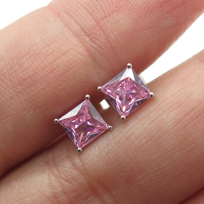 925 Sterling Silver Princess-Cut Shaped Pink C Z Stud Earrings