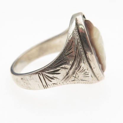 800 Silver Antique Art Deco Real MOP Carved Roman Warrior Oxidized Ring Size 9.5