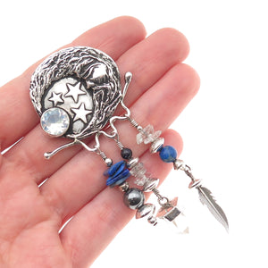 Alan Uchin Sterling Vintage Opalite Hematite Quartz & Lapis Crescent Pin Pendant